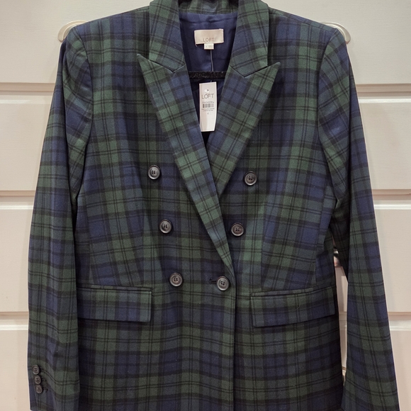 NWT LOFT Green and Navy Plaid Double-Breasted Blazer - Picture 2 of 8